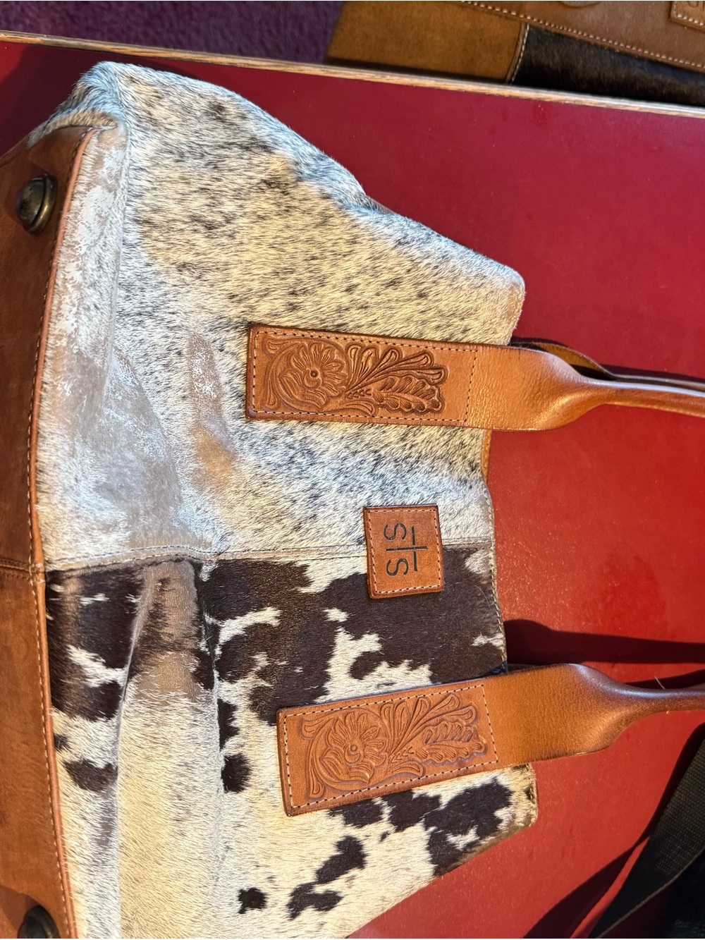 STS Ranch Cowhide Tote Bag in Brown and White